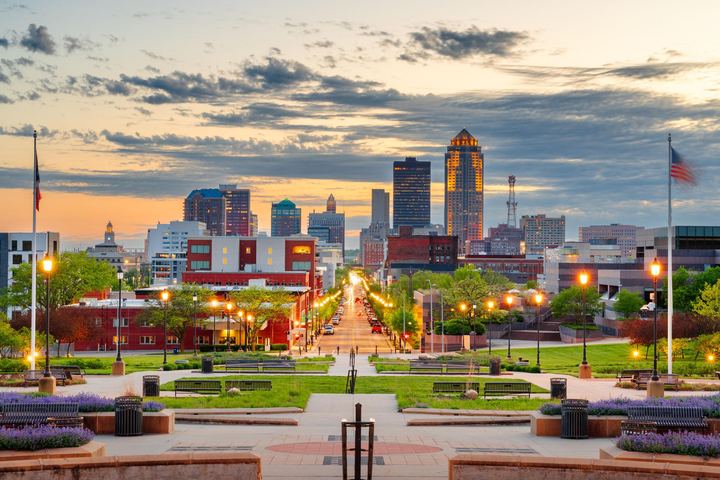 The Des Moines skyline looking West from the steps of the Iowa State Capitol